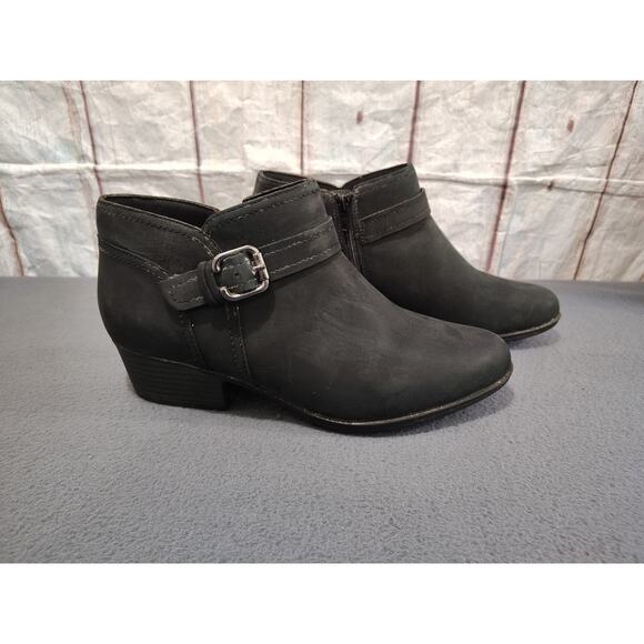 Ladies Clarks Collection Buckle Detailed Heeled Ankle Boots 'Adreena Mid' 10W - Picture 1 of 10